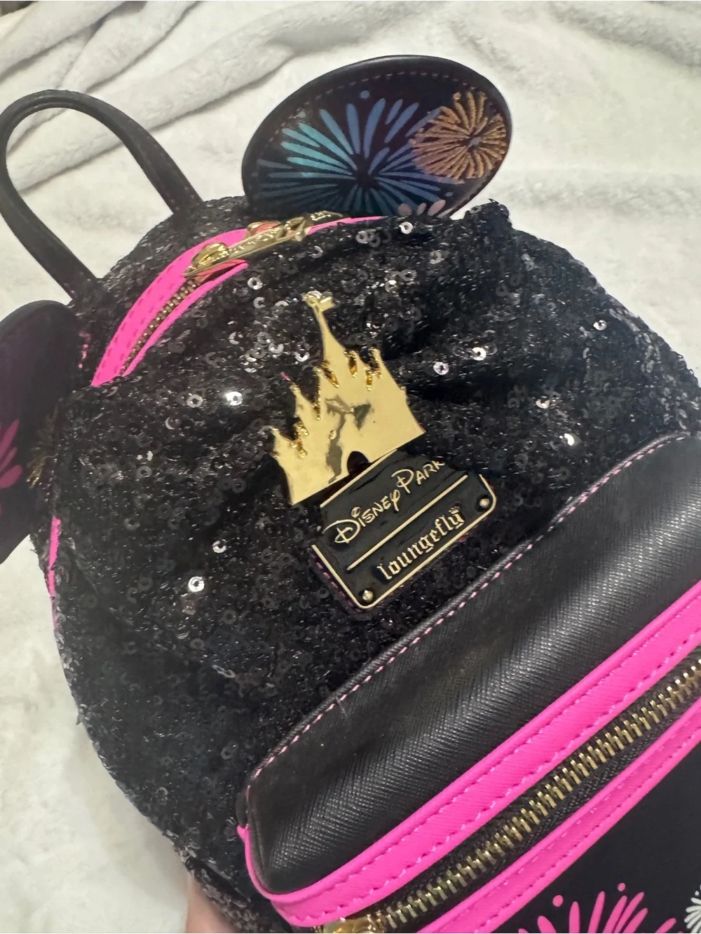 Loungefly x Disney Minnie Sequin December Mini Backpack - Black with Pink Firewo